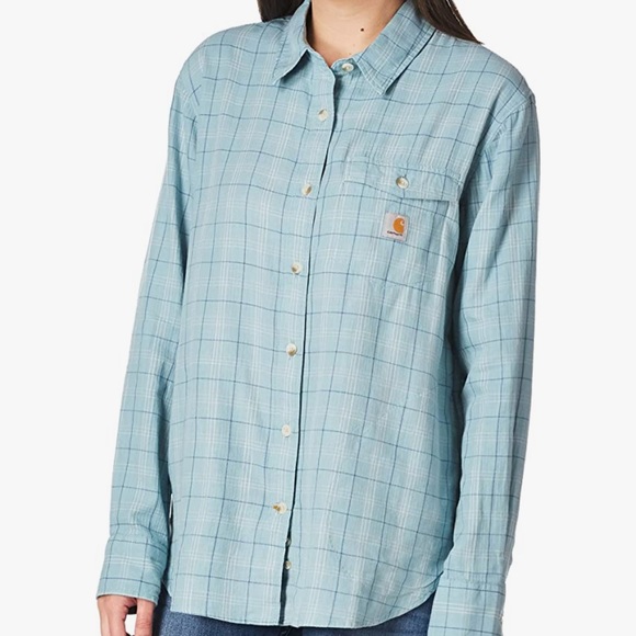 NWT Carhartt Women's  Cotton Loose Fit Lightweight Plaid Shirt, Tourmaline Small - Picture 3 of 6
